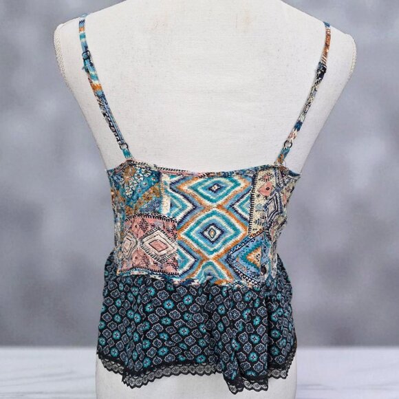 Lush Boho Patchwork Peplum Tank Scalloped Lace | Cottagecore Festival Magic M - Picture 3 of 8